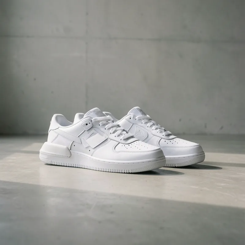 Paire de sneakers blanches posée sur un sol béton avec brosse de nettoyage et chiffon microfibre